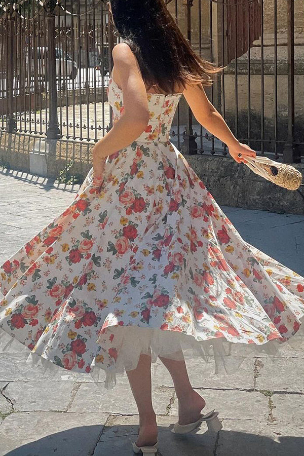 Fairy Tale Gorgeous Italian Rose Print Tulle Pocketed Slip Midi Dress