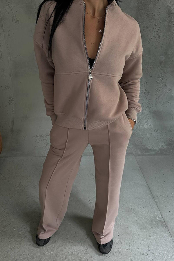 Solid Color Casual Long Sleeve Zipper Jacket and Elastic Waist Pocket Wide Leg Pants Set