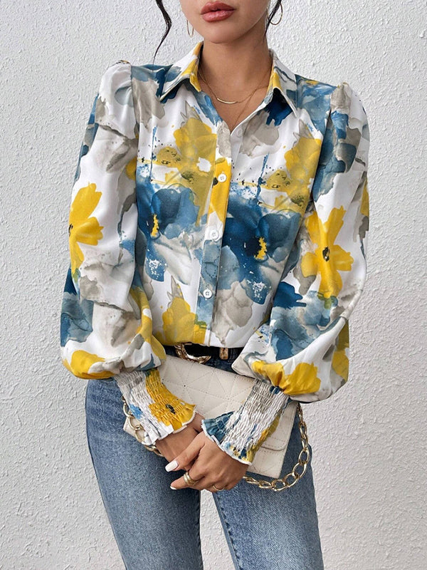 Long Sleeves Loose Buttoned Elasticity Flower Print Pleated Lapel Blouses&Shirts Tops