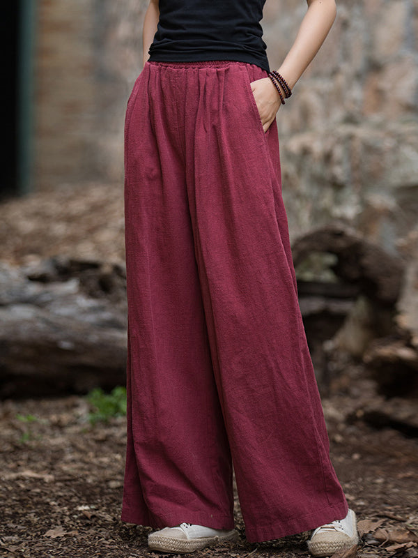 Loose Wide Leg Elasticity Pleated Pockets Solid Color Pants Trousers