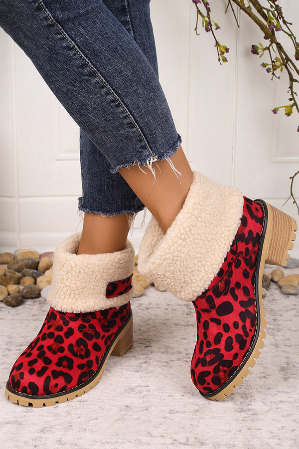 Leopard Print Thick Heel Warm Mid-calf Snow Shoes