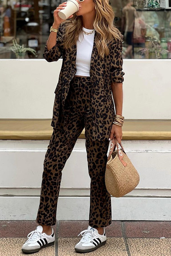 Wild Personality Leopard Pockets Relaxed Lapel Blazer and Elastic Waist Pants Set