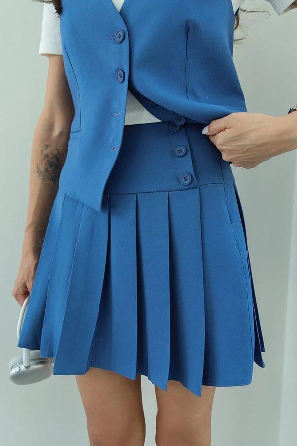 Solid Color Sleeveless Buttoned Vest and High-waisted Pleated Mini Skirt Set