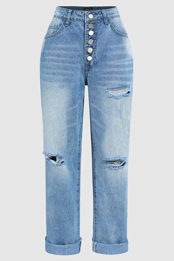 Stylish Ripped Low-rise Buttoned Pockets Baggy Straight-leg Jeans