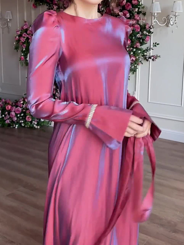 A-Line Long Sleeves Pleated Solid Color Tied Waist Zipper Round-Neck Maxi Dresses