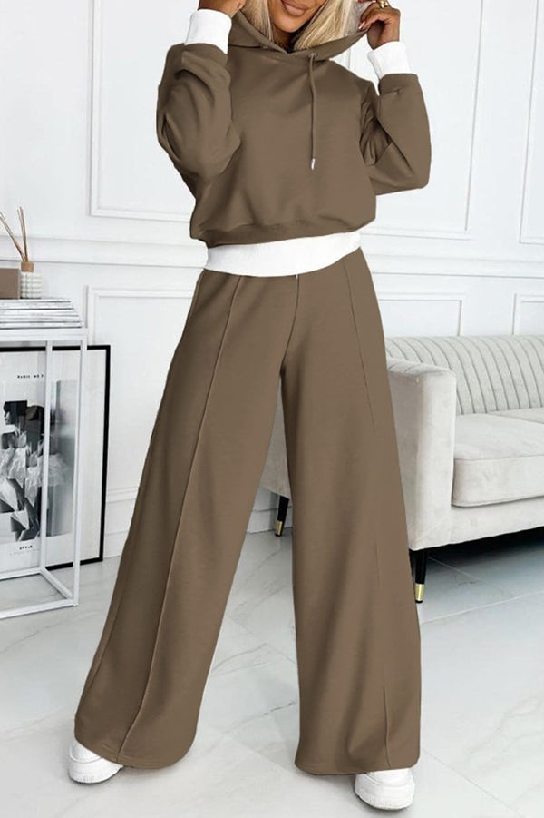 Stylish Patchwork Hooded Sweatshirt and Elastic Waist Tie Pockets Wide Leg Pants Set