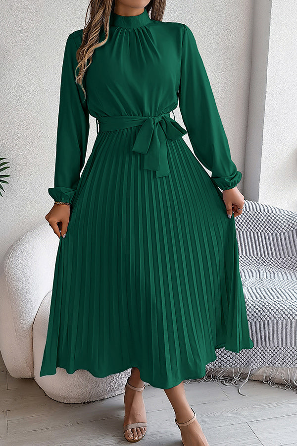 Elegant Stand-collar Long-sleeve Waisted Tie-up Pleated Midi Dress