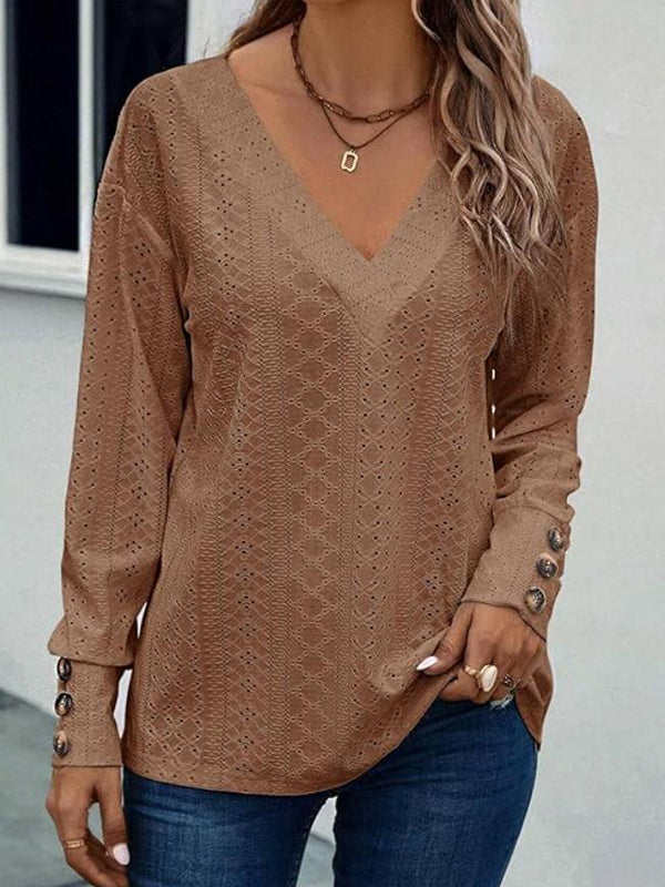 Long Sleeves Loose Buttoned Solid Color V-Neck T-Shirts Tops