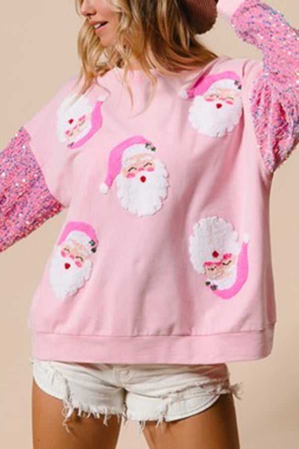 Christmas Relaxed Loose Round Neck Sequined Sleeve Sweatshirt