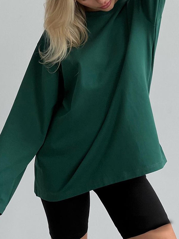 Long Sleeves Loose Solid Color Round-Neck T-Shirts Tops