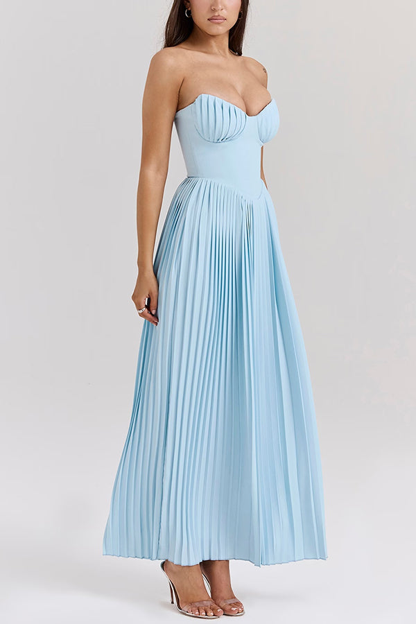 Romantic and Elegant Pleated Strapless Maxi Dress