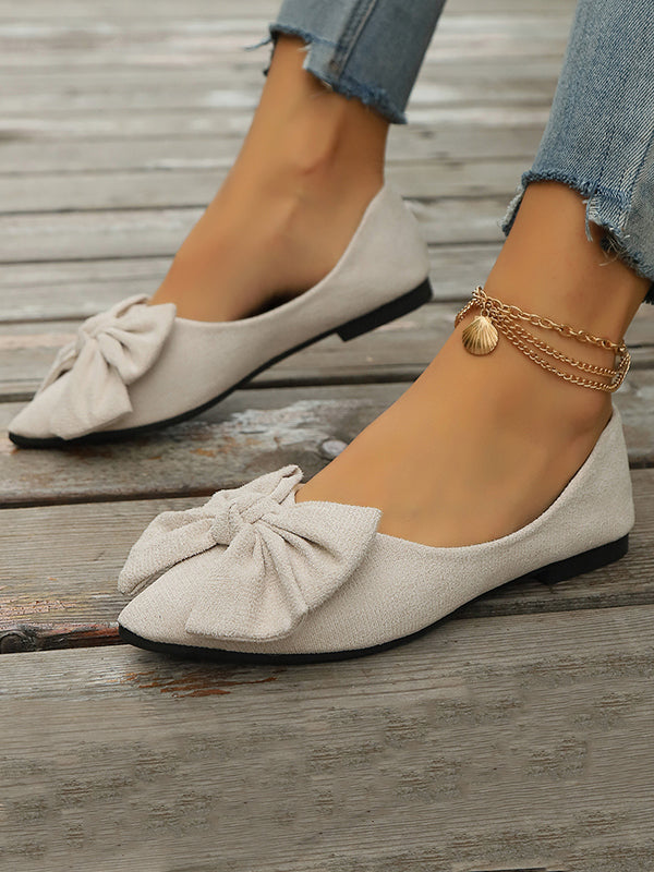 Bowknot Pleated Pointed-Toe Shallow Cut Split-Joint Flat Shoes