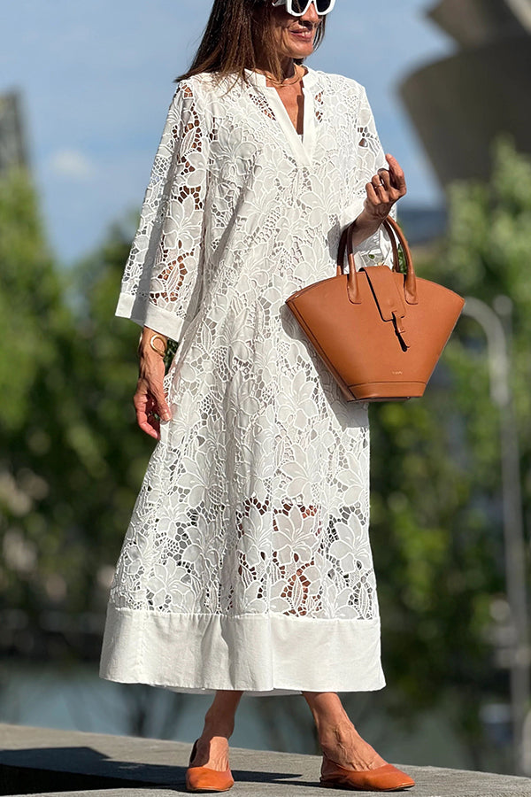 Confidence and Adventure Flower Lace V-neck Bell Sleeve Loose Midi Dress