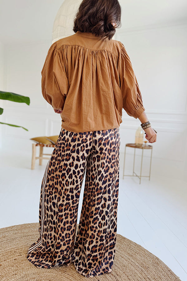 Wild and Sporty Style Striped Leopard Print Elastic Waist Pocket Loose Pants