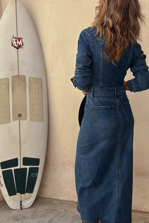 Tessy Denim Metal Button Zipper Shirt Stretch Pencil Slit Midi Dress