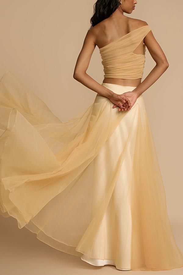 Romance Factor Satin Patchwork Tulle High-waisted Elastic Waist A-line Maxi Skirt