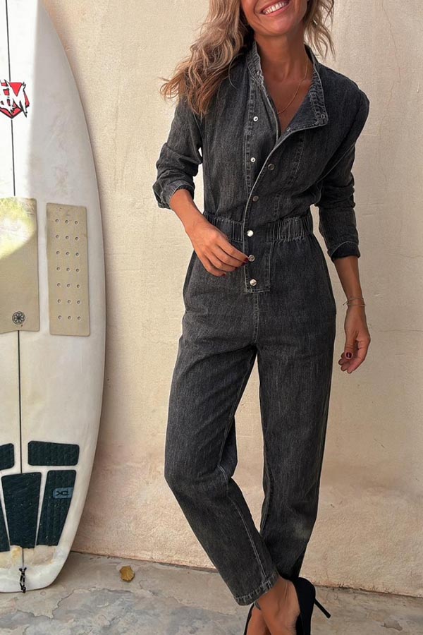 Carey Denim Button Up Long Sleeve Elastic Waist Pocketed Loose Jumpsuit