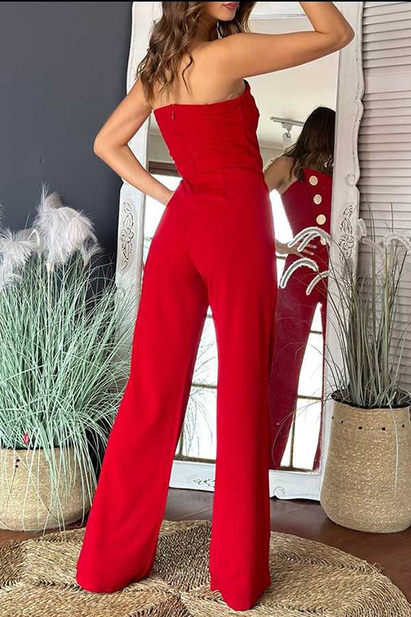 Solid Color Sexy Tube Top Gold Button Embellished Bootcut Jumpsuit