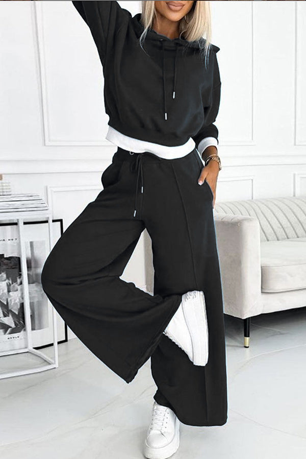 Stylish Patchwork Hooded Sweatshirt and Elastic Waist Tie Pockets Wide Leg Pants Set