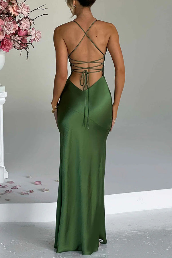 Satin Solid Color Sexy Backless Lace Up High Slit Maxi Dress