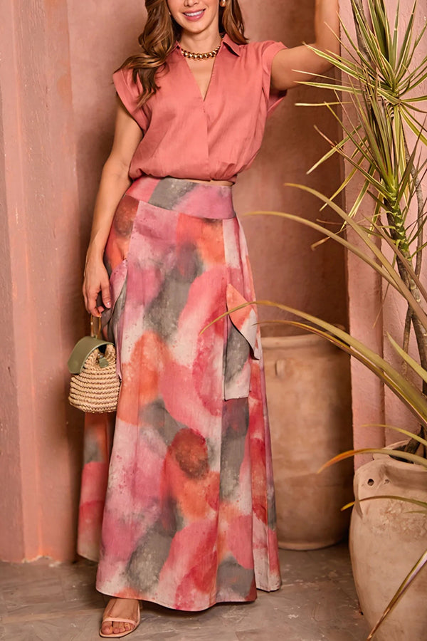 Laylin Wide Sleeve Shirt and Watercolor Print High Waist Drape Pockets Maxi Skirt Set