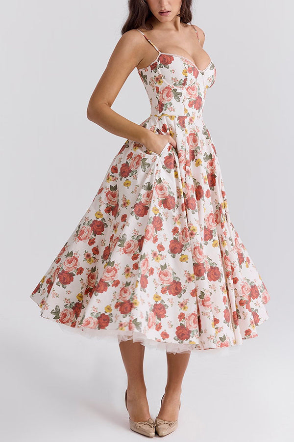 Fairy Tale Gorgeous Italian Rose Print Tulle Pocketed Slip Midi Dress