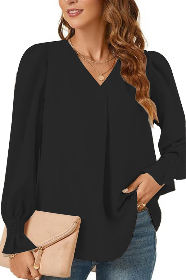 Monochrome V-neck Elastic Cuffs Long-sleeved Loose Shirt