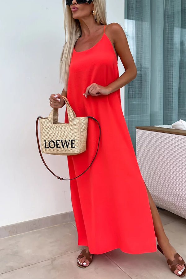 Solid Color Resort Style Spaghetti Strap Backless Maxi Dress