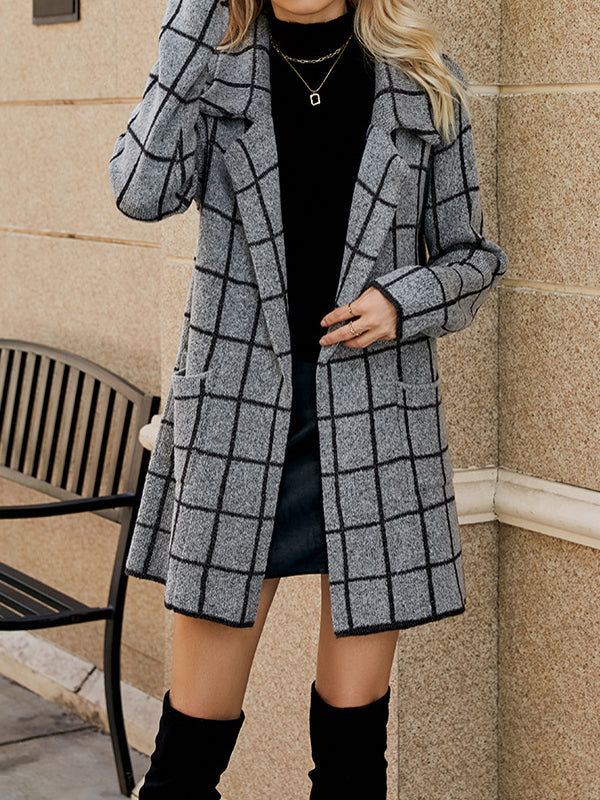 Long Sleeves Contrast Color Houndstooth Pockets Split-Joint Notched Collar Cardigan Tops