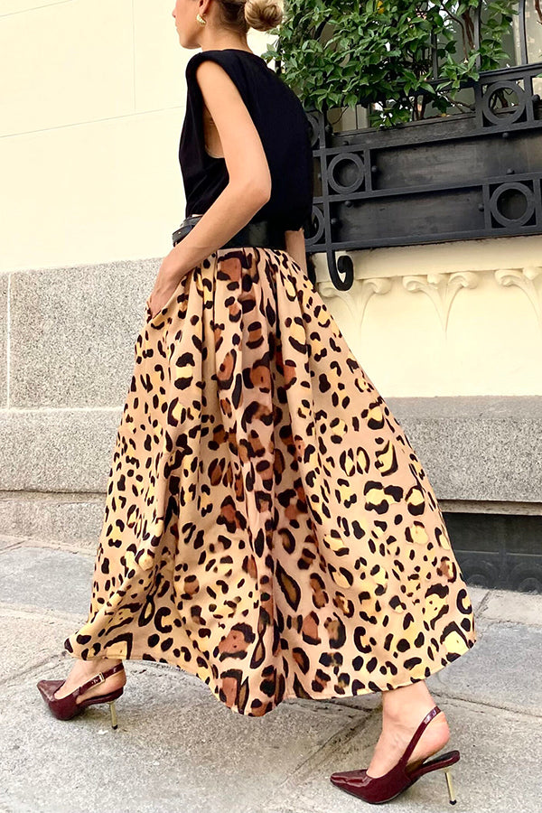 Stylish Leopard Print Elegant Large Hem Maxi Skirt