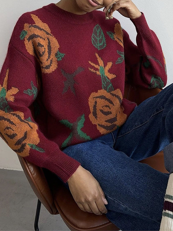 Long Sleeves Loose Flower Print Round-Neck Pullovers Sweater Tops