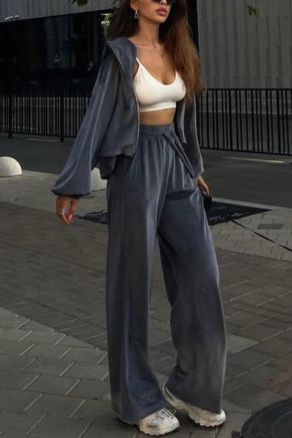 Velvet Casual Zip-up Hooded Top and Elastic Waist Wide Leg Pants Set