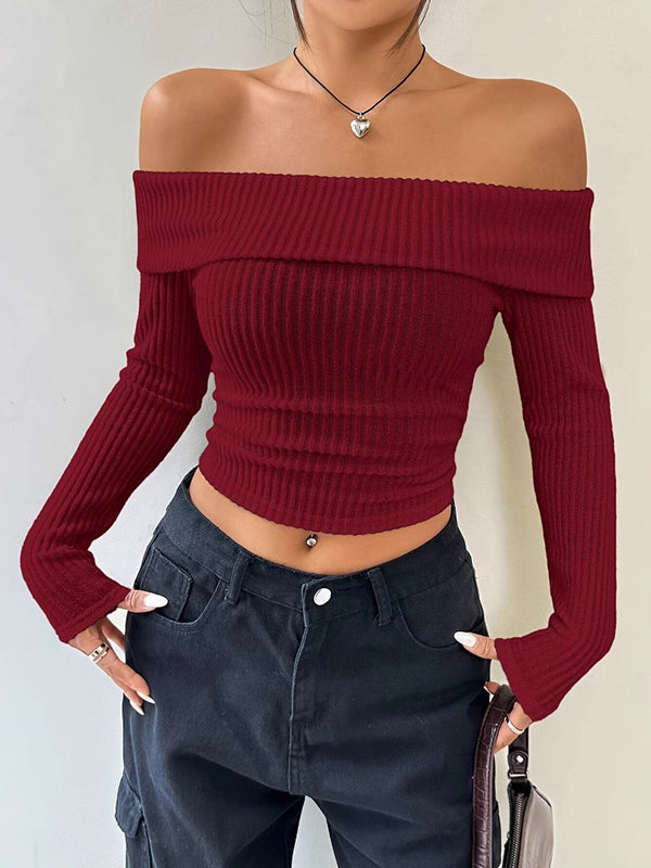 Long Sleeves Skinny Pleated Solid Color Split-Joint Off-The-Shoulder Sweater Tops