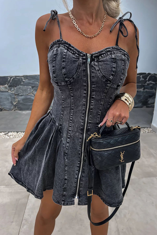 Sweet and Unique Washed Denim Center Front Zipper Stretch Mini Dress