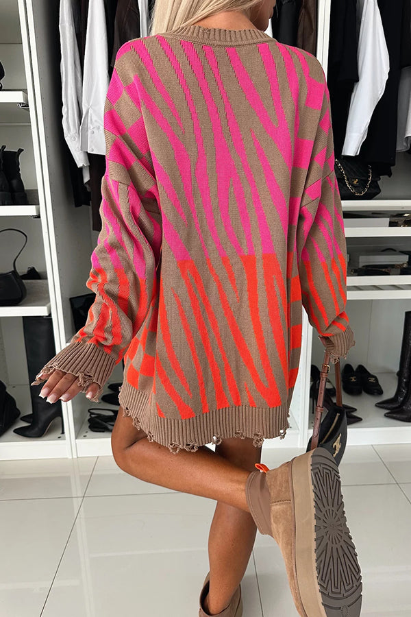 Fashionable Knit Zebra Geometric Pattern Frayed Hem Loose Sweater