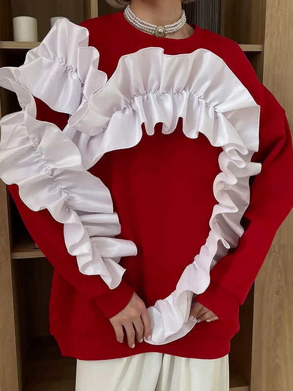 Long Sleeves Loose Contrast Color Ruffle Trim Split-Joint Velvet Round-Neck Sweatshirt Tops