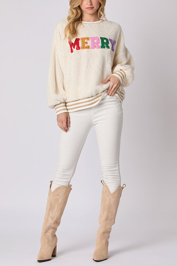 Christmas Lettered Rhinestone Long-sleeved Crew Neck Sweatshirt