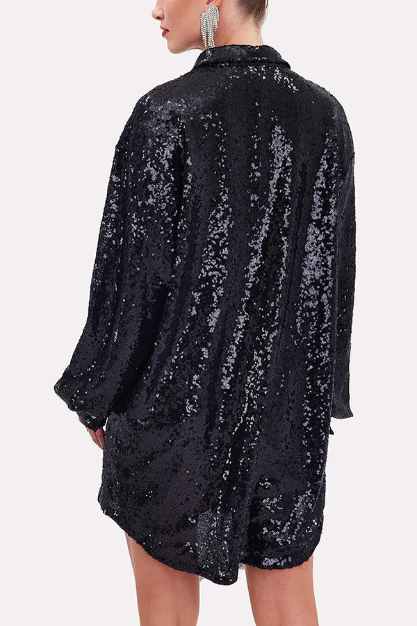 Solid Color Sequined Long-sleeved Casual Mid-length Loose Shirt