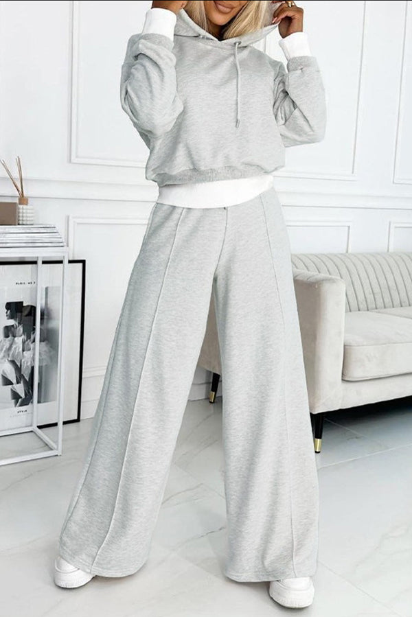 Stylish Patchwork Hooded Sweatshirt and Elastic Waist Tie Pockets Wide Leg Pants Set