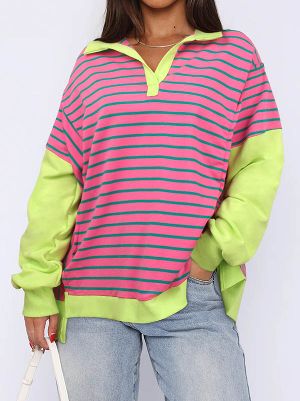 Long Sleeves Loose Contrast Color Split-Joint Striped V-Neck Sweatshirt Tops