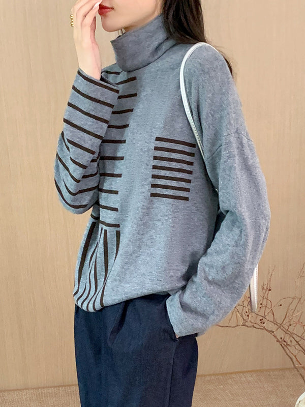 Long Sleeves Loose Contrast Color Striped High Neck Pullovers Sweater Tops