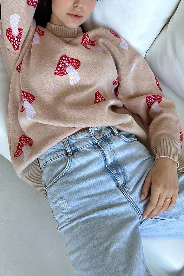 Mushroom Pattern Casual Loose Round Neck Knitted Sweater