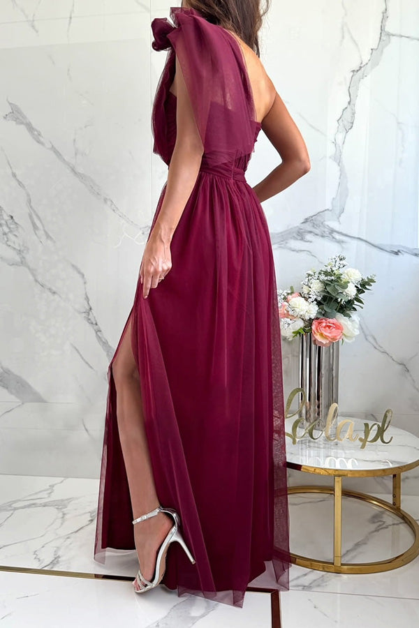 Feeling Galm Tulle Knotted One Shoulder Pleated Slit Maxi Dress