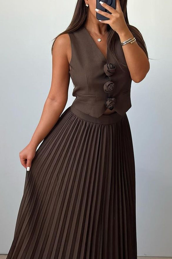 Stylish Rosette Sleeveless Tank Blouse & Pleated Maxi Skirt Set