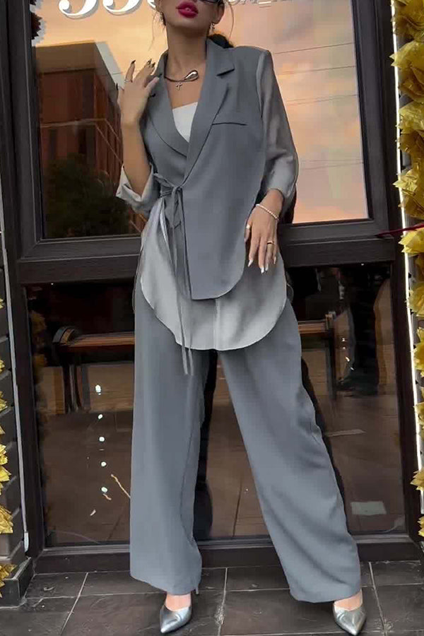 Chic and Elegant Chiffon Patchwork Irregular Lace-up Jacket and Pocketsed Straight-leg Pants Set