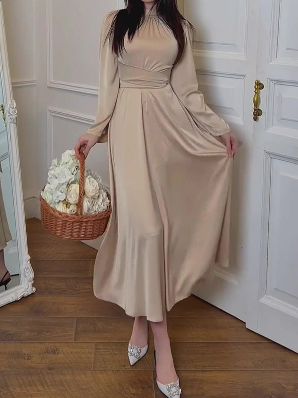 Long Sleeves Loose Pleated Solid Color Tied Waist Mock Neck Maxi Dresses