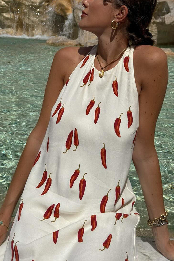 Spicy Summer Chili Pepper Unique Print Soft Fabric Halter Loose Mini Dress