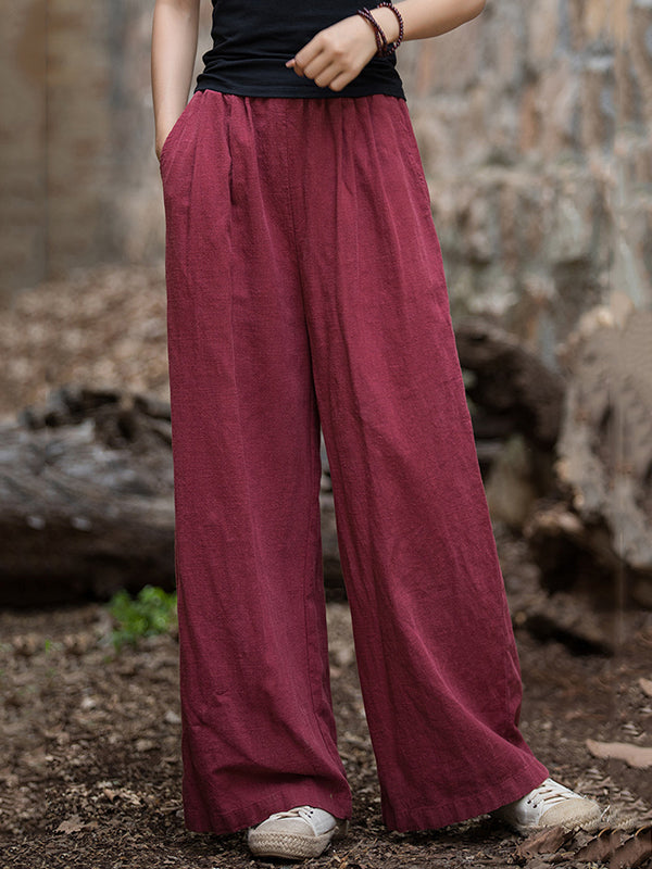 Loose Wide Leg Elasticity Pleated Pockets Solid Color Pants Trousers