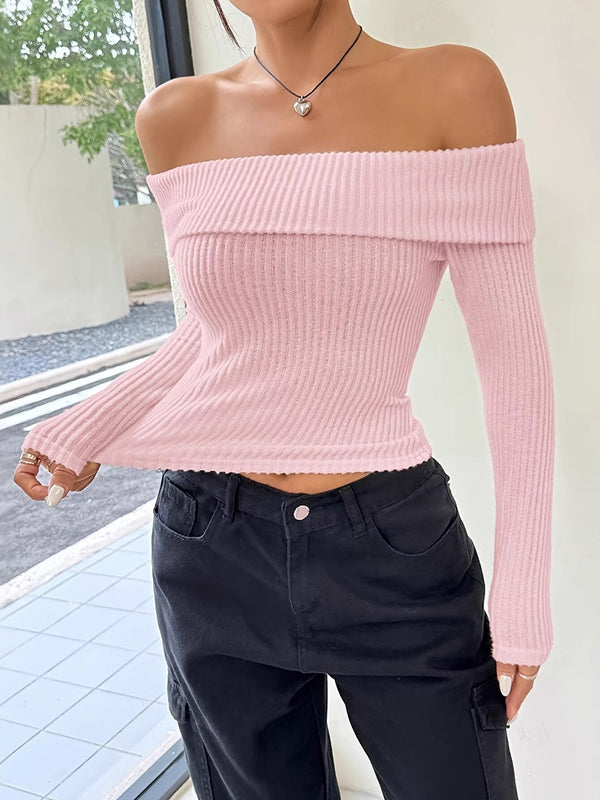 Long Sleeves Skinny Pleated Solid Color Split-Joint Off-The-Shoulder Sweater Tops