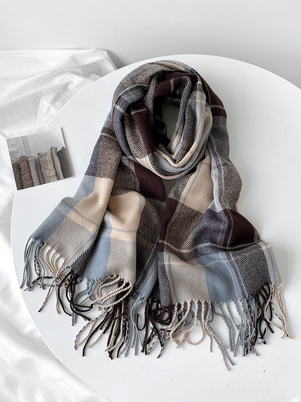 Contrast Color Plaid Striped Tasseled Shawl&Scarf